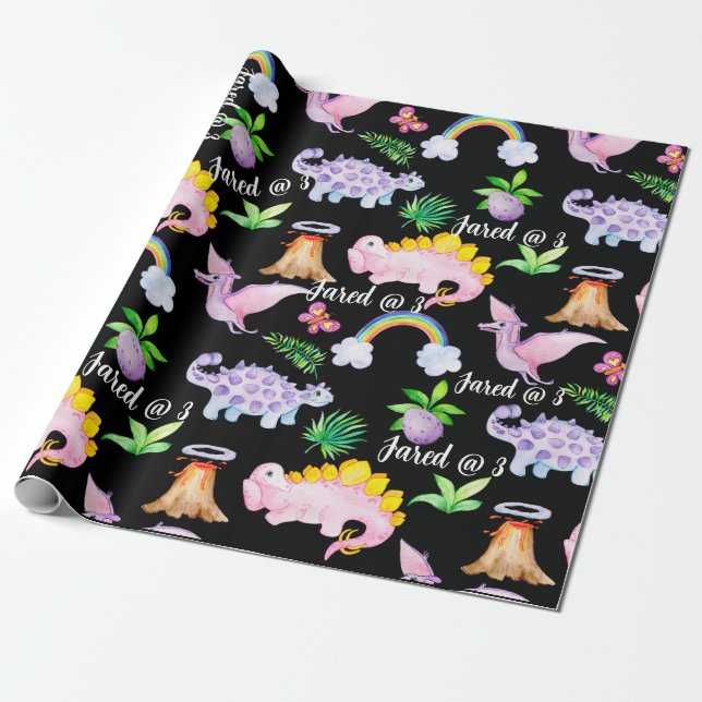 Black Dinosaur Rainbow Watercolor Kids Birthday Wrapping Paper (Unrolled)