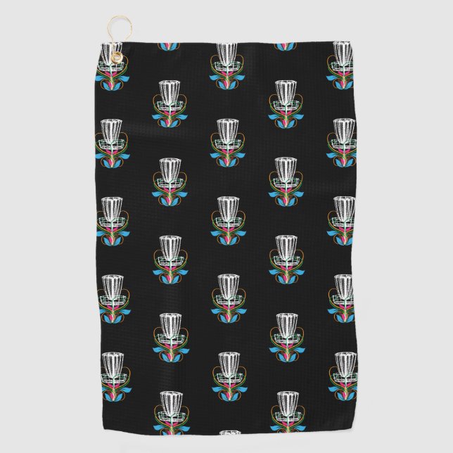 Black disc golf towel with swirl basket (Front)