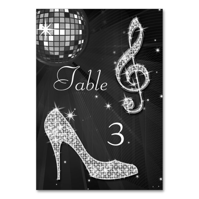 Black Disco Ball and Stiletto Shoe Double Sided Table Number (Front)