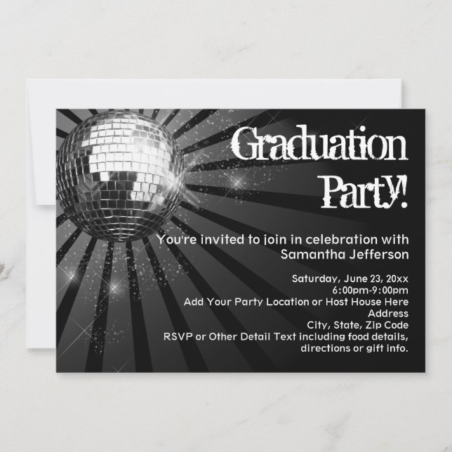 Black Disco Ball Graduation Party Invitations (Front)