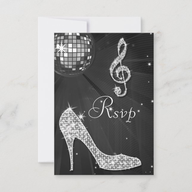 Black Disco Ball Sparkle Heels RSVP Card (Front)