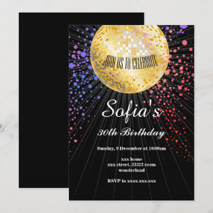BLACK, disco party, 70's , dancing party Invitation