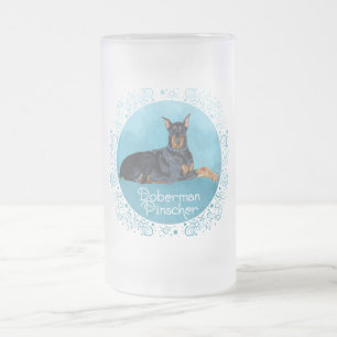 Black Doberman Pinscher Frosted Glass Beer Mug