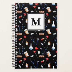 Black Doctor Nurse Equipment Pattern Monogram  Planner