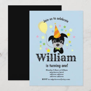 black dog Birthday Invitation, balloon, doggie Invitation