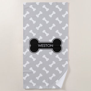 Black Dog Bone And Bones With Custom Name Beach Towel