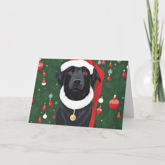 Black Dog Funny Santa Hat Christmas Card (Front)