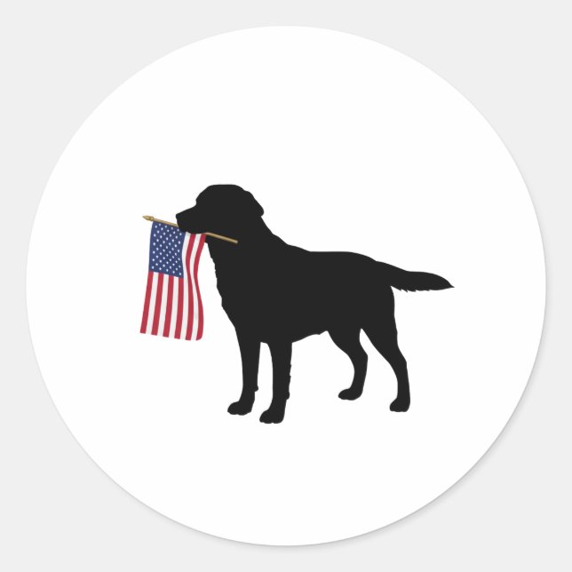 Black Dog Holding American Flag – July 4th Classic Round Sticker (Front)