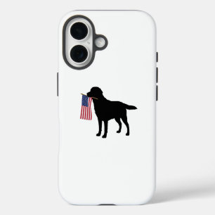 Black Dog Holding American Flag – July 4th Patriot iPhone 16 Case