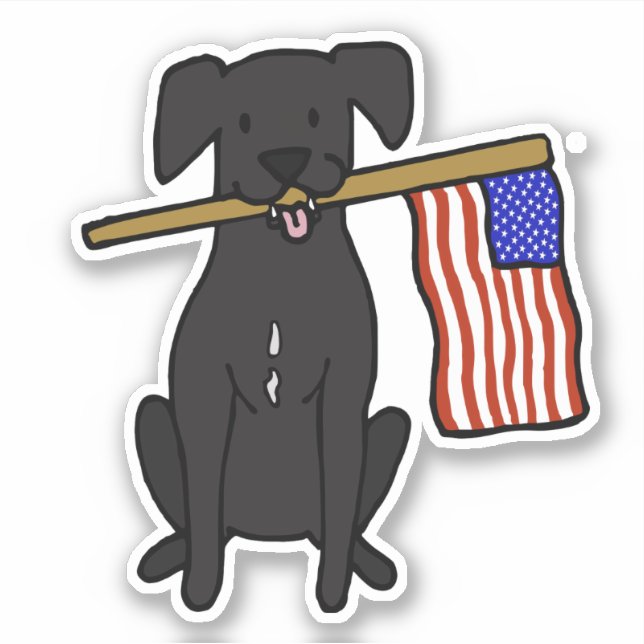 Black Dog Holding American Flag Sticker (Front)