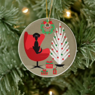 Black Dog in Mid Century Christmas Room Ceramic Tree Decoration