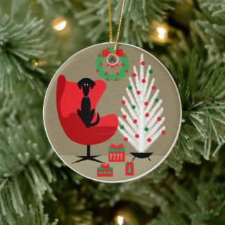 Black Dog in Mid Century Christmas Room Ceramic Tree Decoration