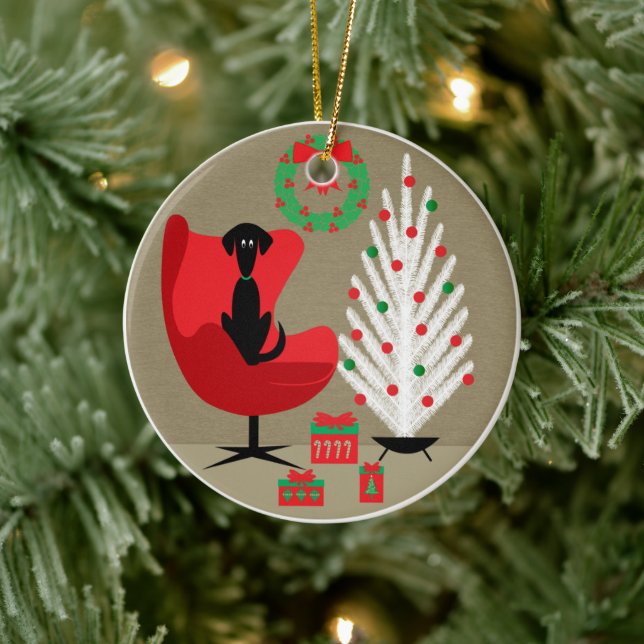 Black Dog in Mid Century Christmas Room Ceramic Tree Decoration (Tree)