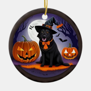 Black Dog in Witch Costume with Pumpkins Ceramic Tree Decoration