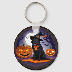 Black Dog in Witch Costume with Pumpkins Key Ring