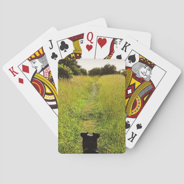 Black Dog Leads Way Along Green Hiking Trail Playing Cards (Back)