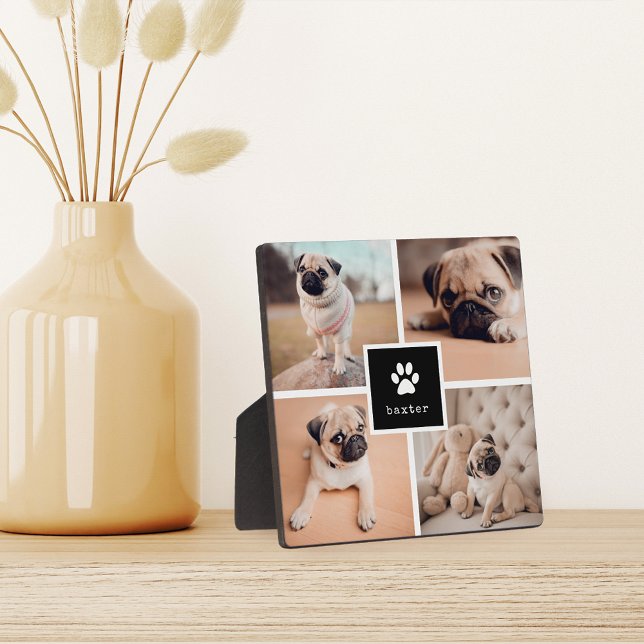 Black | Dog Name & Pawprint Pet Photo Collage Plaque (Creator Uploaded)