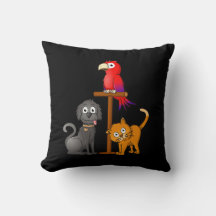 Black dog, orange cat and parrot on a stick