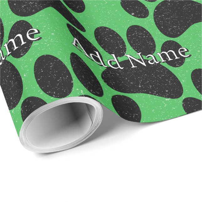 Black Dog Paw Print Custom Name Distressed Green Wrapping Paper (Roll Corner)