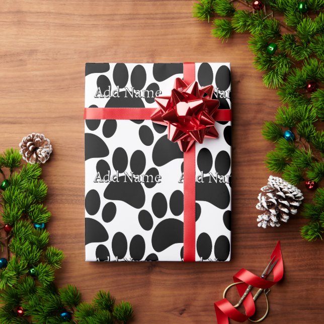 Black Dog Paw Print Custom Name Wrapping Paper (Holiday Gift)