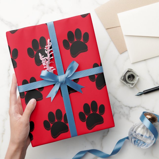 Black Dog Paw Print Hand Drawn Custom Wrapping Paper (Gifting)