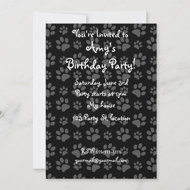 Black dog paw print pattern invitation (Front)