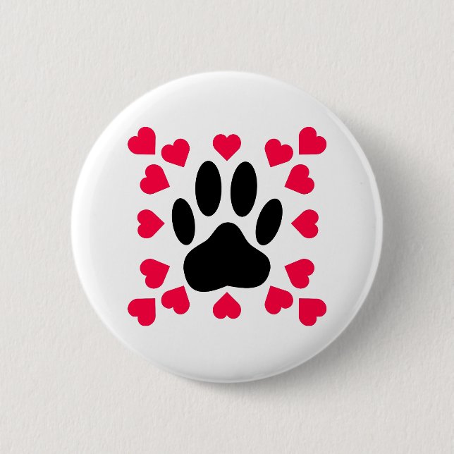 Black Dog Paw Print With Heart Shapes 6 Cm Round Badge (Front)