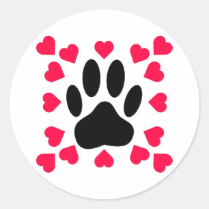 Black Dog Paw Print With Heart Shapes Classic Round Sticker
