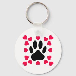 Black Dog Paw Print With Heart Shapes Key Ring