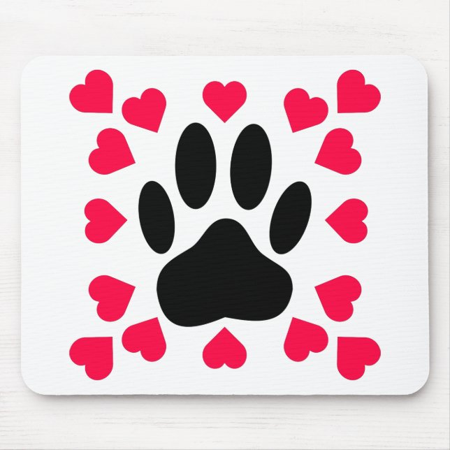 Black Dog Paw Print With Heart Shapes Mouse Mat (Front)
