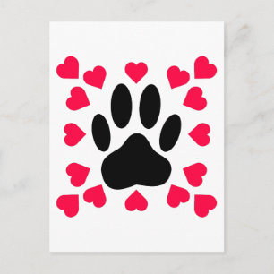 Black Dog Paw Print With Heart Shapes Postcard