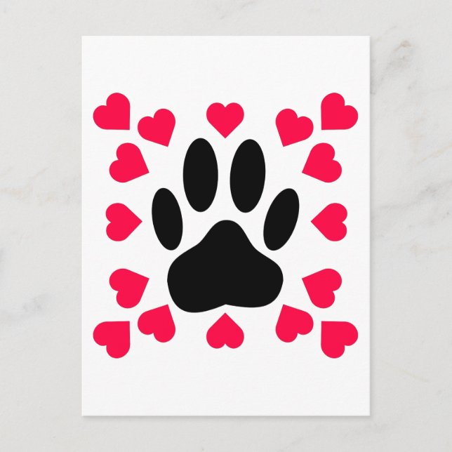 Black Dog Paw Print With Heart Shapes Postcard (Front)