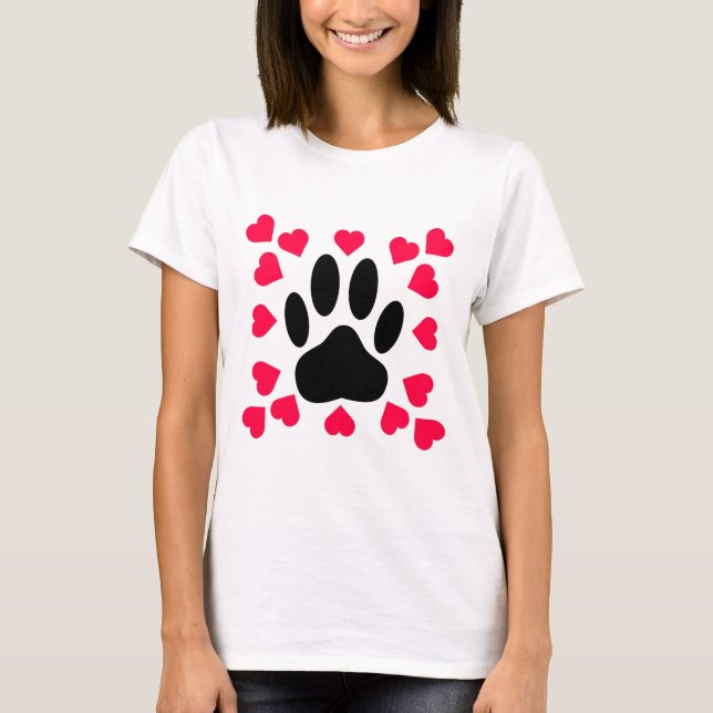 Black Dog Paw Print With Heart Shapes T-Shirt (Front)