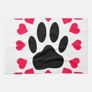 Black Dog Paw Print With Heart Shapes Tea Towel
