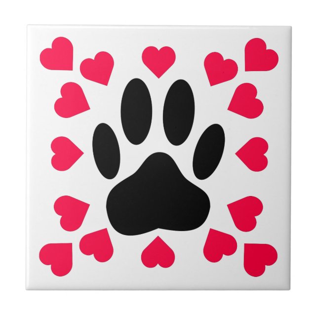 Black Dog Paw Print With Heart Shapes Tile (Front)