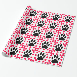 Black Dog Paw Print With Heart Shapes Wrapping Paper