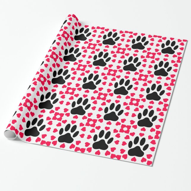 Black Dog Paw Print With Heart Shapes Wrapping Paper (Unrolled)