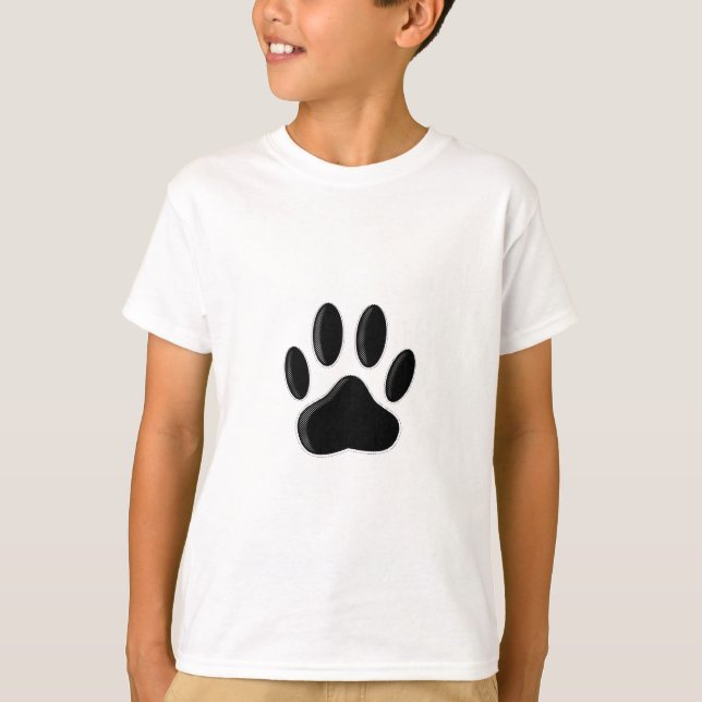 Black Dog Paw Print With Newsprint Effect T-Shirt (Front)