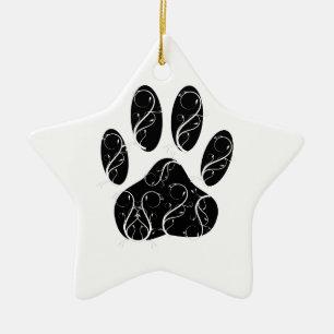 Black Dog Paw Print With White Flourishes Ceramic Tree Decoration