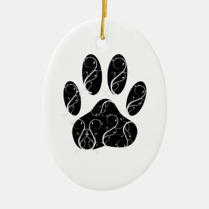 Black Dog Paw Print With White Flourishes Ceramic Tree Decoration