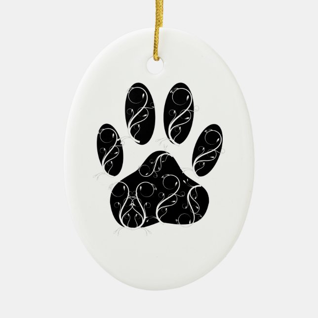 Black Dog Paw Print With White Flourishes Ceramic Tree Decoration (Front)