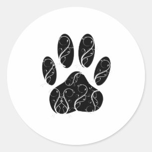 Black Dog Paw Print With White Flourishes Classic Round Sticker