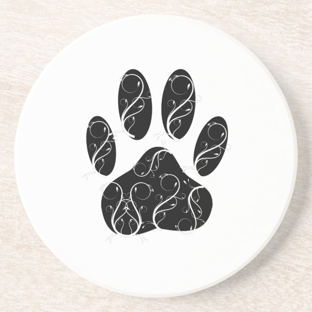 Black Dog Paw Print With White Flourishes Coaster (Front)