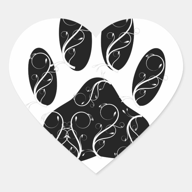 Black Dog Paw Print With White Flourishes Heart Sticker (Front)