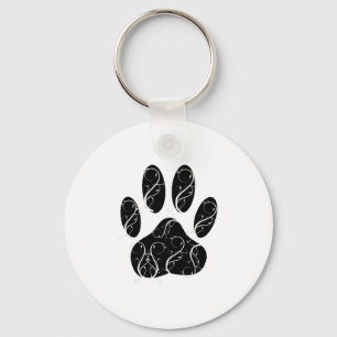 Black Dog Paw Print With White Flourishes Key Ring