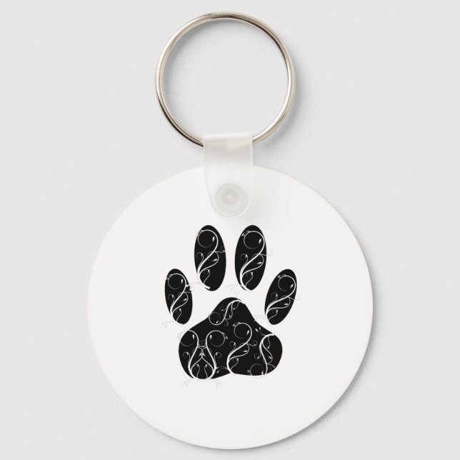 Black Dog Paw Print With White Flourishes Key Ring (Front)