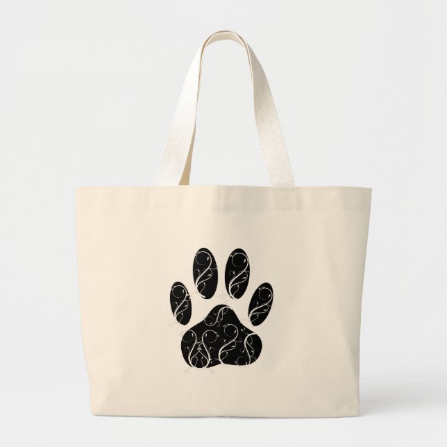 Black Dog Paw Print With White Flourishes Large Tote Bag (Front)