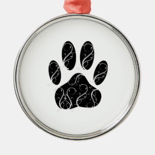 Black Dog Paw Print With White Flourishes Metal Tree Decoration