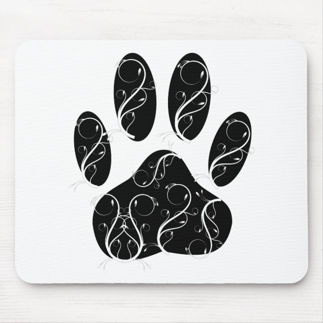 Black Dog Paw Print With White Flourishes Mouse Mat (Front)