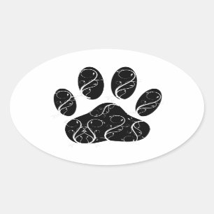 Black Dog Paw Print With White Flourishes Oval Sticker